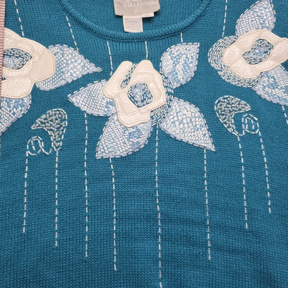 VTG 80s Regency Collection for Joyce Teal Floral Applique Sweater XL - Picture 10 of 10